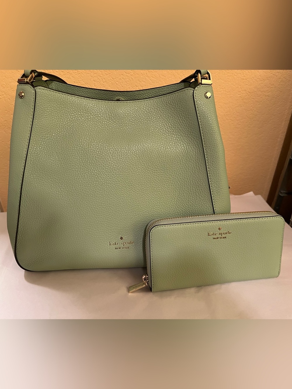 kate spade Mint Green Pebbled Leather Shoulder Bag with Matching Wallet